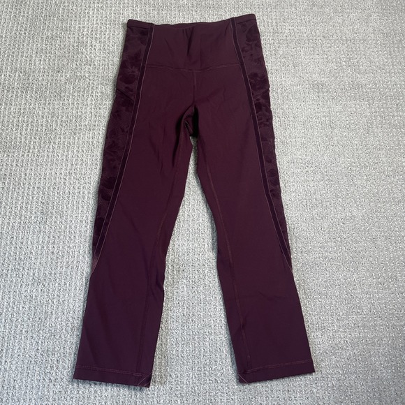 Lemon Pants - Lululemon Wunder Under Crop Flocked 21" Velvet Floral Lace Sides Size 4 Burgundy